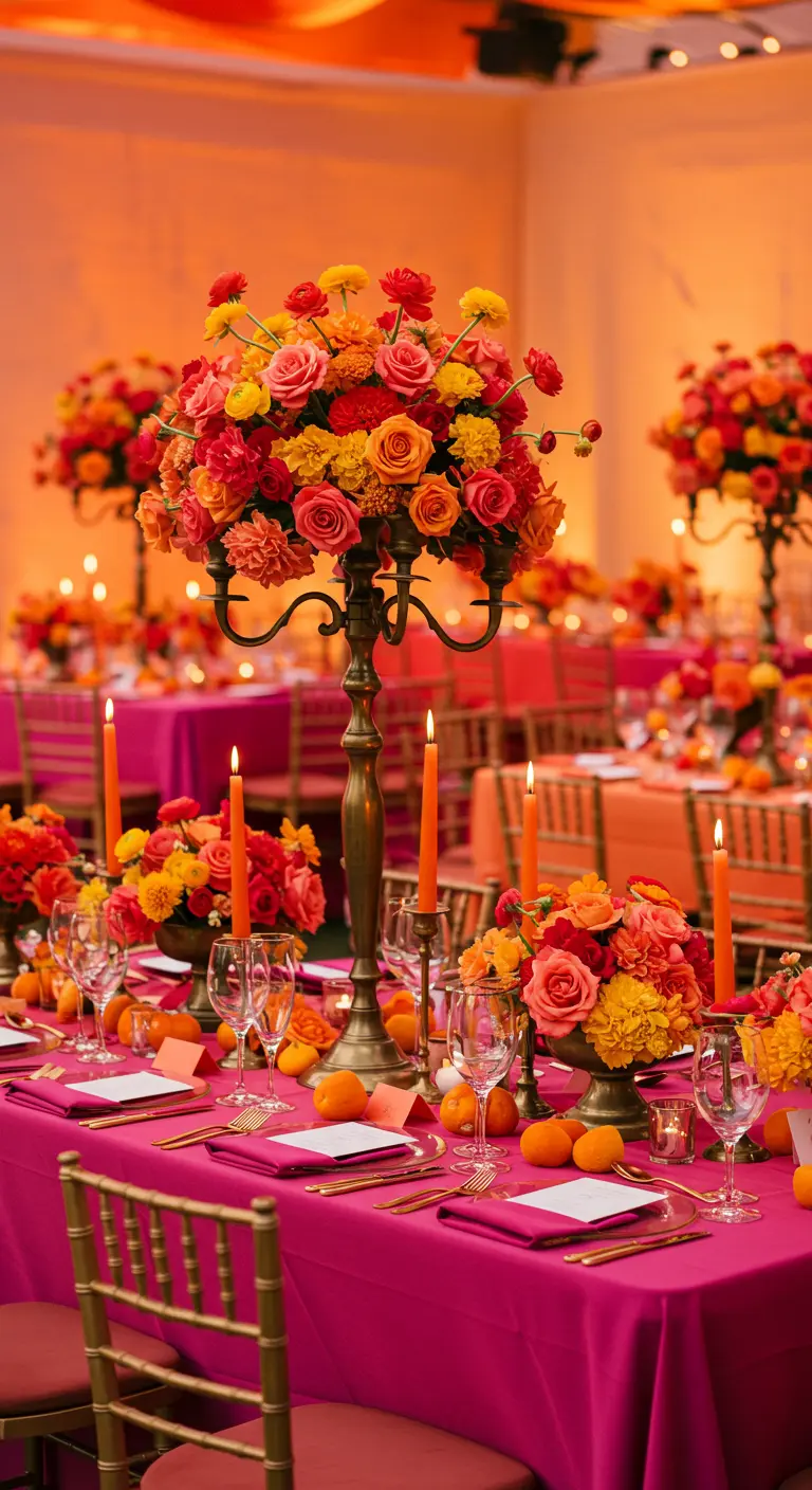 Vibrant ballroom wedding with fuchsia linens and bright sunset-colored floral centerpieces.