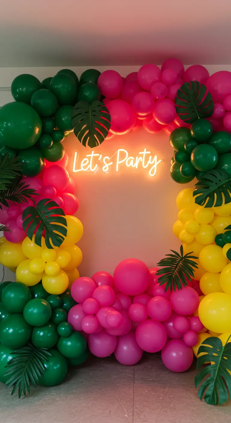 Tropical balloon frame in pink, green, and yellow with a neon sign.