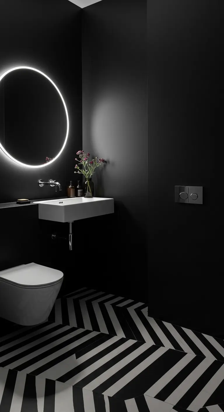 Minimalist black bathroom with a bold black-and-white chevron tile floor and a round halo mirror.