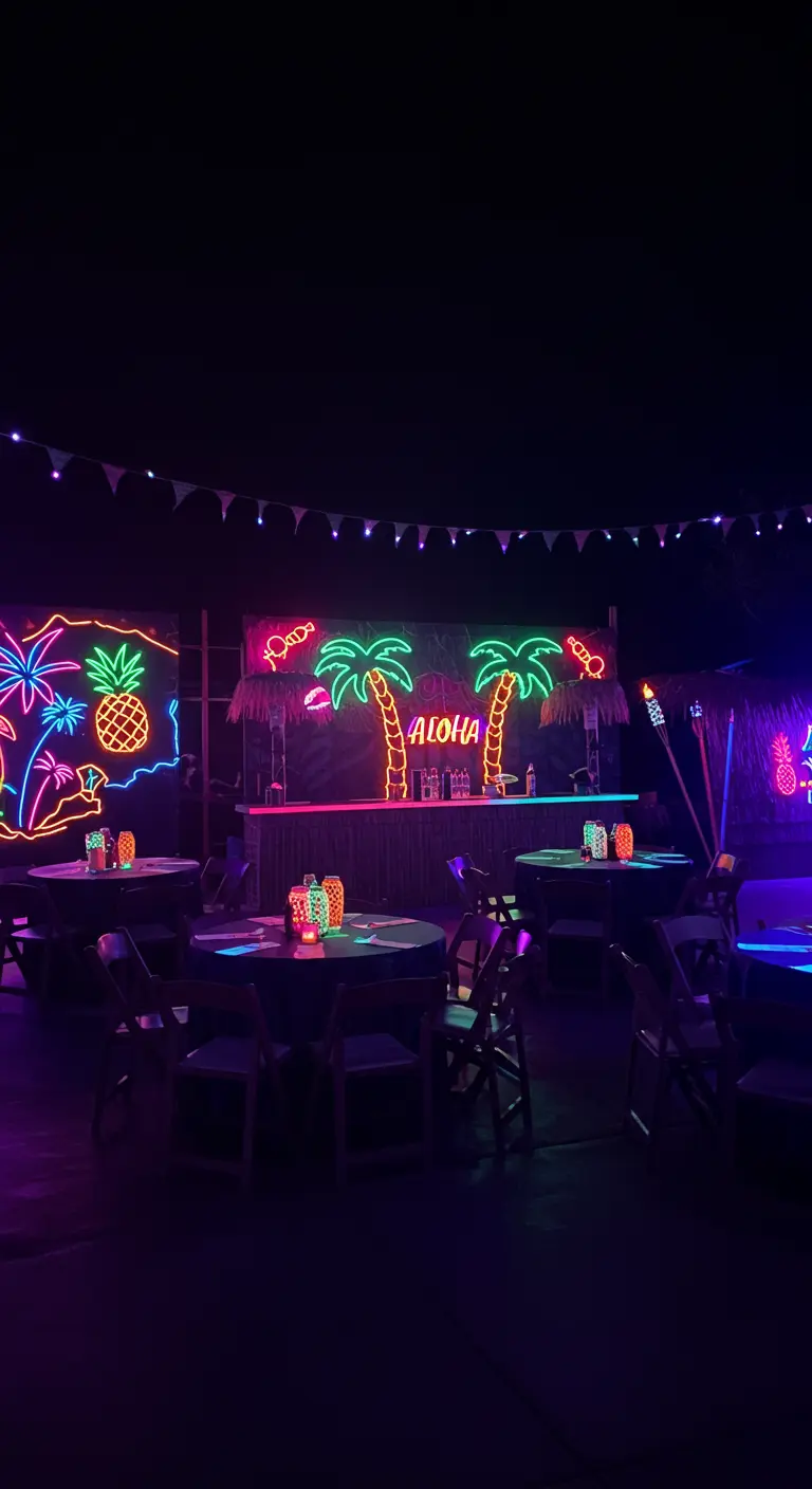 A dark party scene with a tiki bar illuminated by bright neon signs.