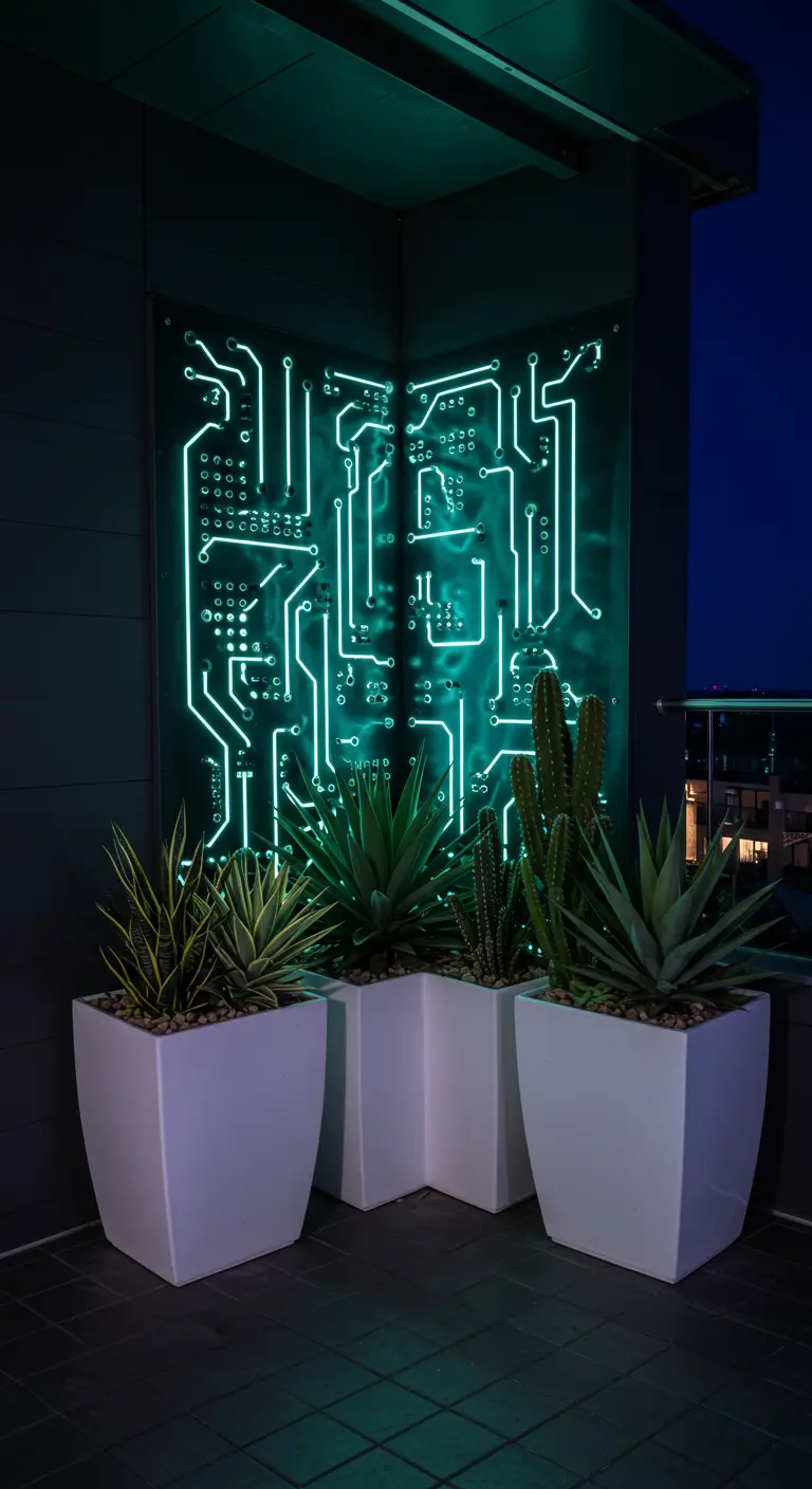 A modern balcony corner with a neon green circuit board light installation and minimalist planters with cacti.