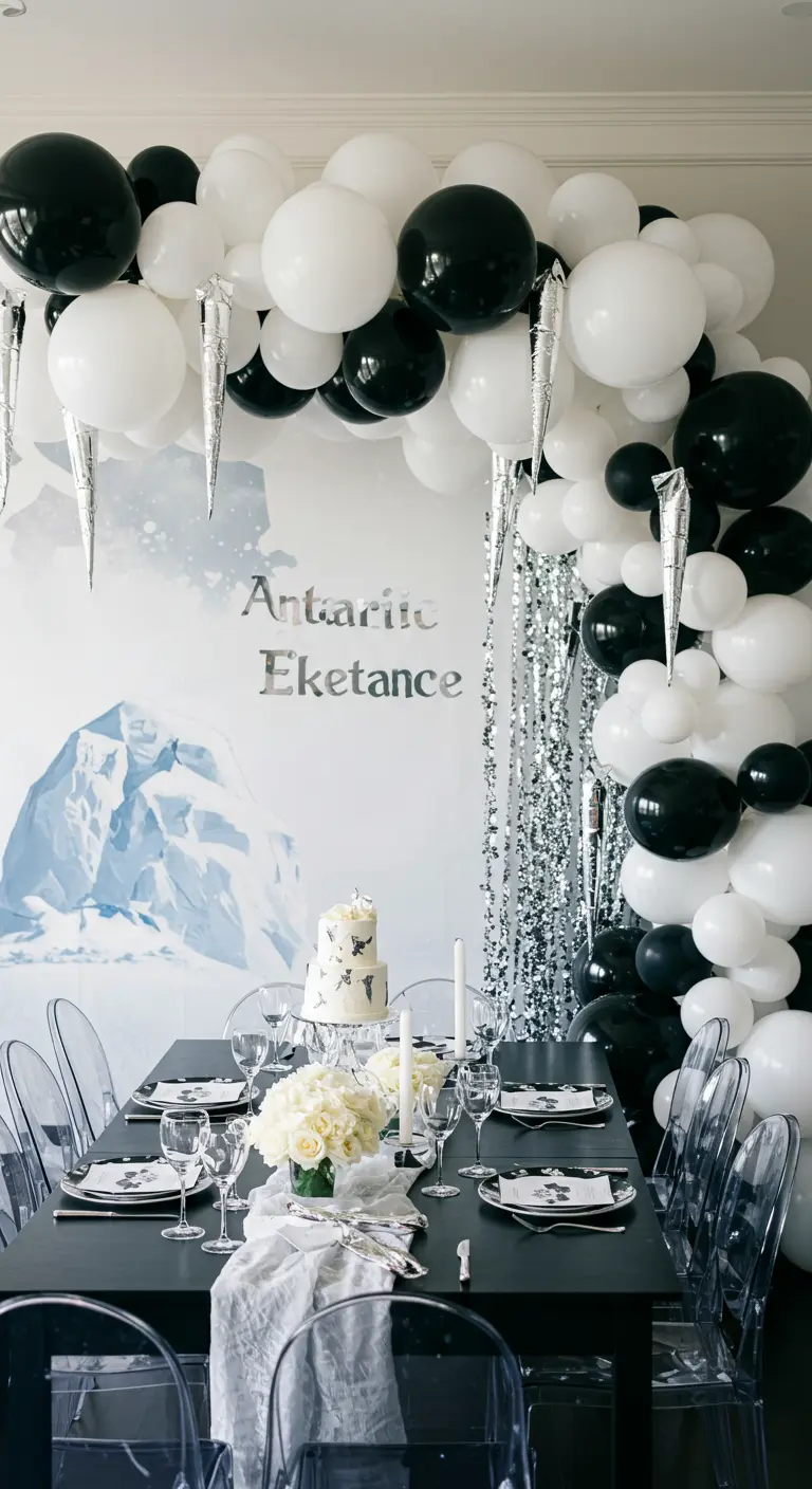 A chic black, white, and silver party table with a balloon arch and hanging icicles.