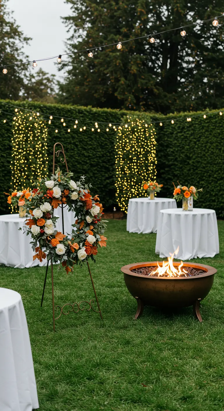 Elegant garden party with a fire pit, cocktail tables, and a floral wreath on an easel.