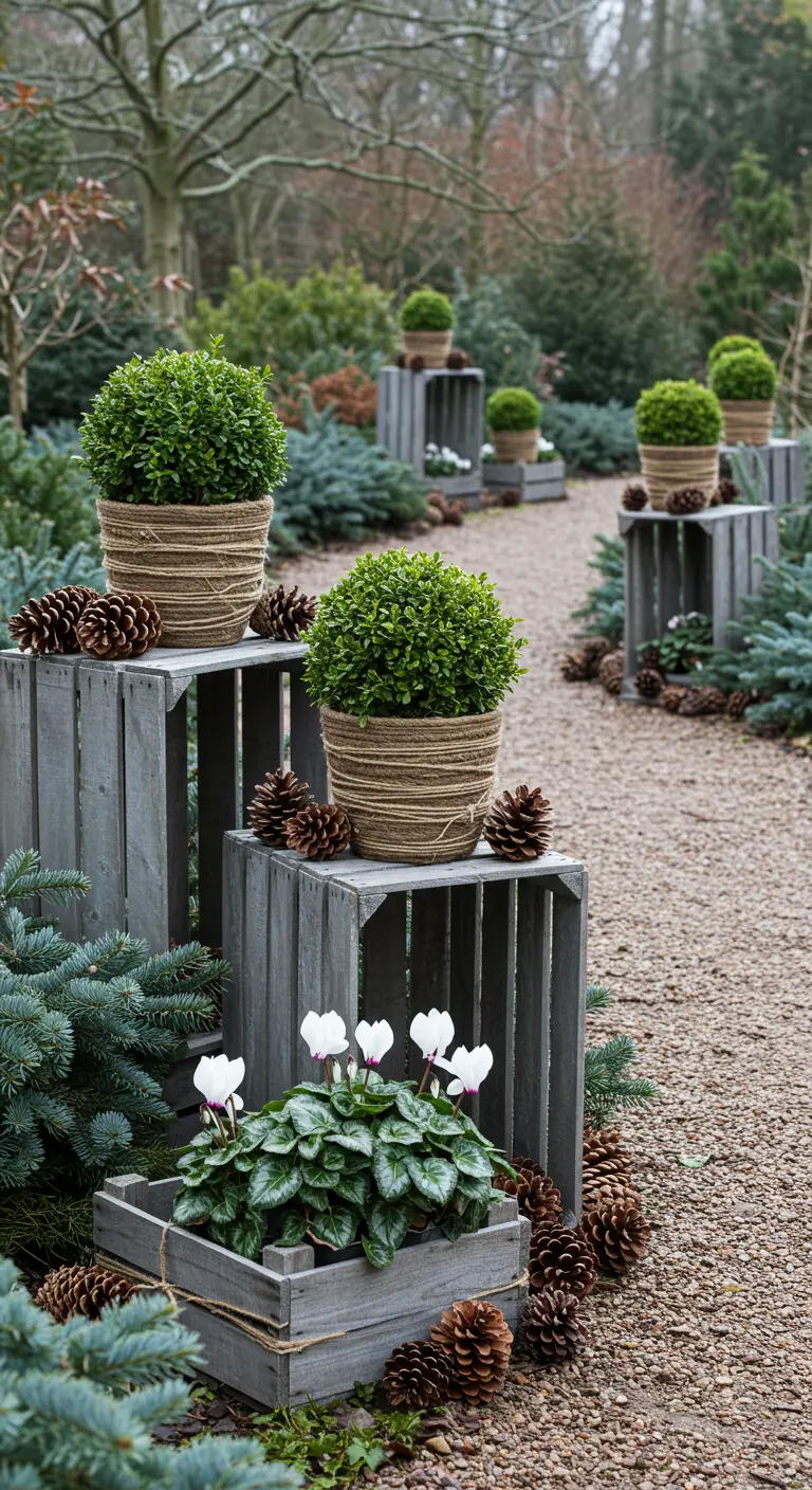 Garden path lined with grey crates, rope-wrapped boxwood, and white cyclamen in winter.
