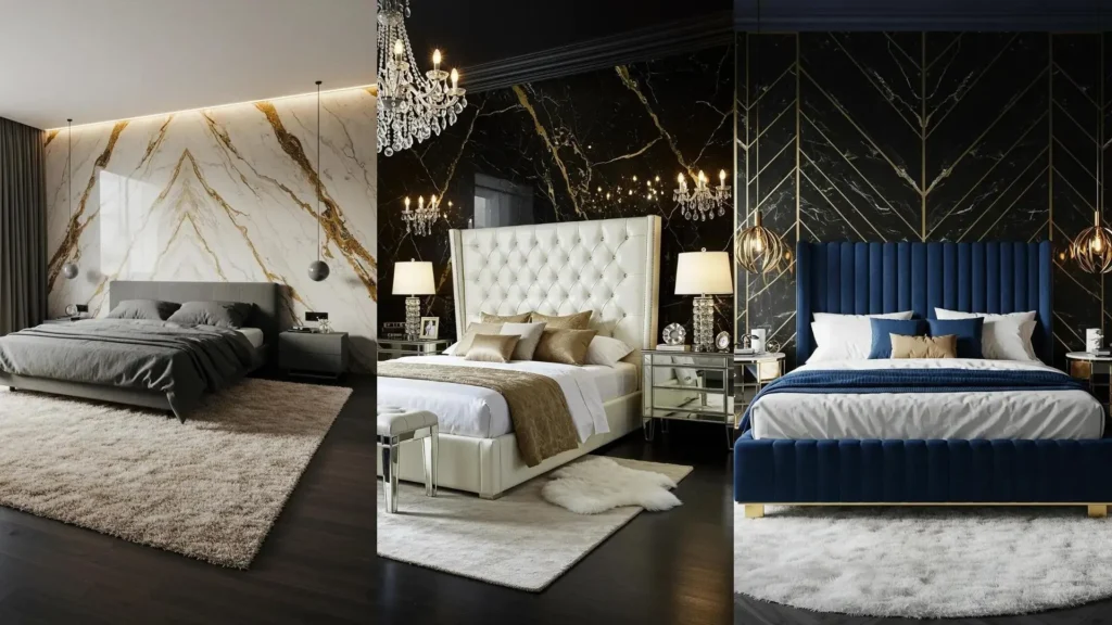 Elegant marble-accented bedroom sanctuaries with gold veining, plush rugs, and luxurious beds.
