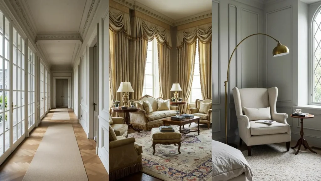 Elegant neoclassical interior featuring ornate moldings, tall windows, and neutral hues in a luxurious setting.