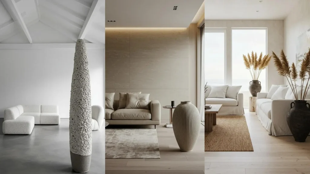 Three elegant living rooms with neutral palettes, subtle textures, and sculptural ceramic decor, showcasing chic interior design.