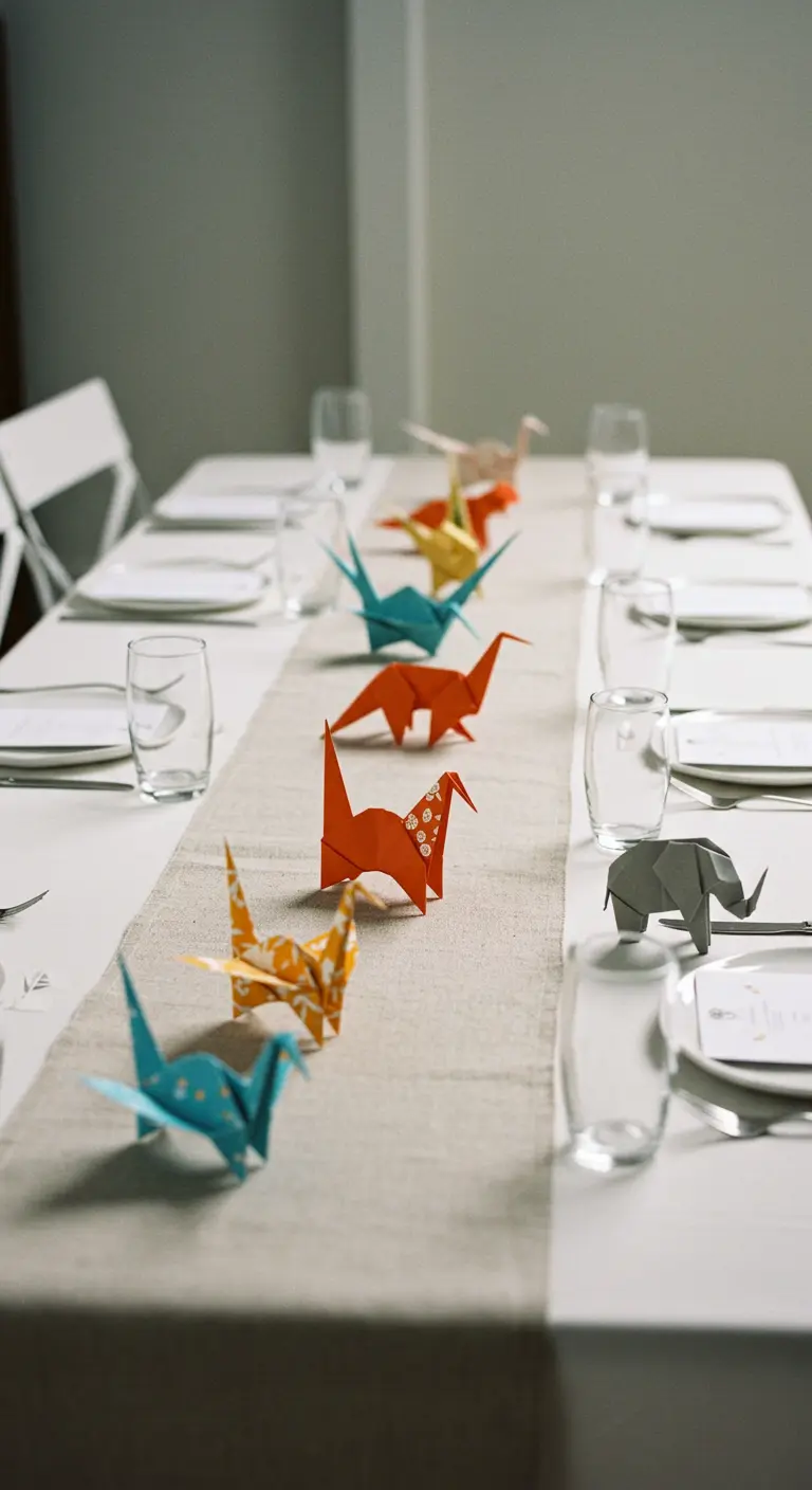 A line of colorful origami animals arranged as a table runner on a white tablecloth.