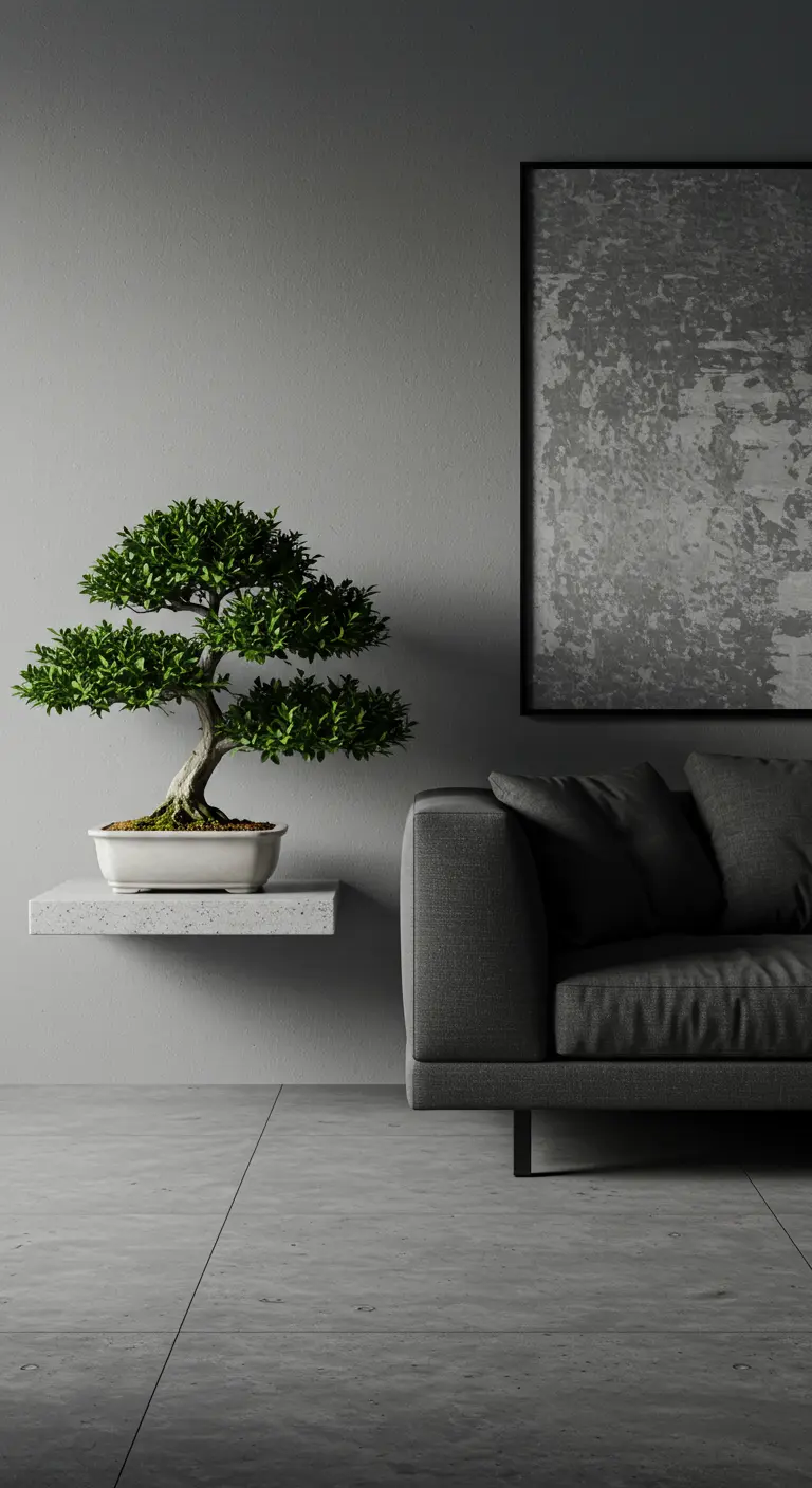 A bonsai tree sits on a white floating shelf next to a modern grey sofa and abstract art.