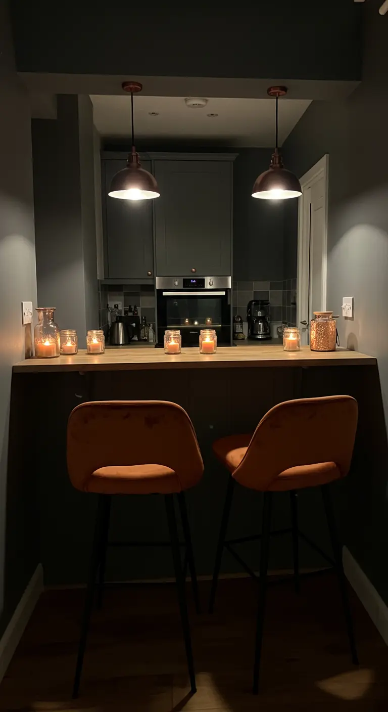 Kitchen breakfast bar with charcoal cabinets, burnt orange velvet stools, and copper pendant lights.