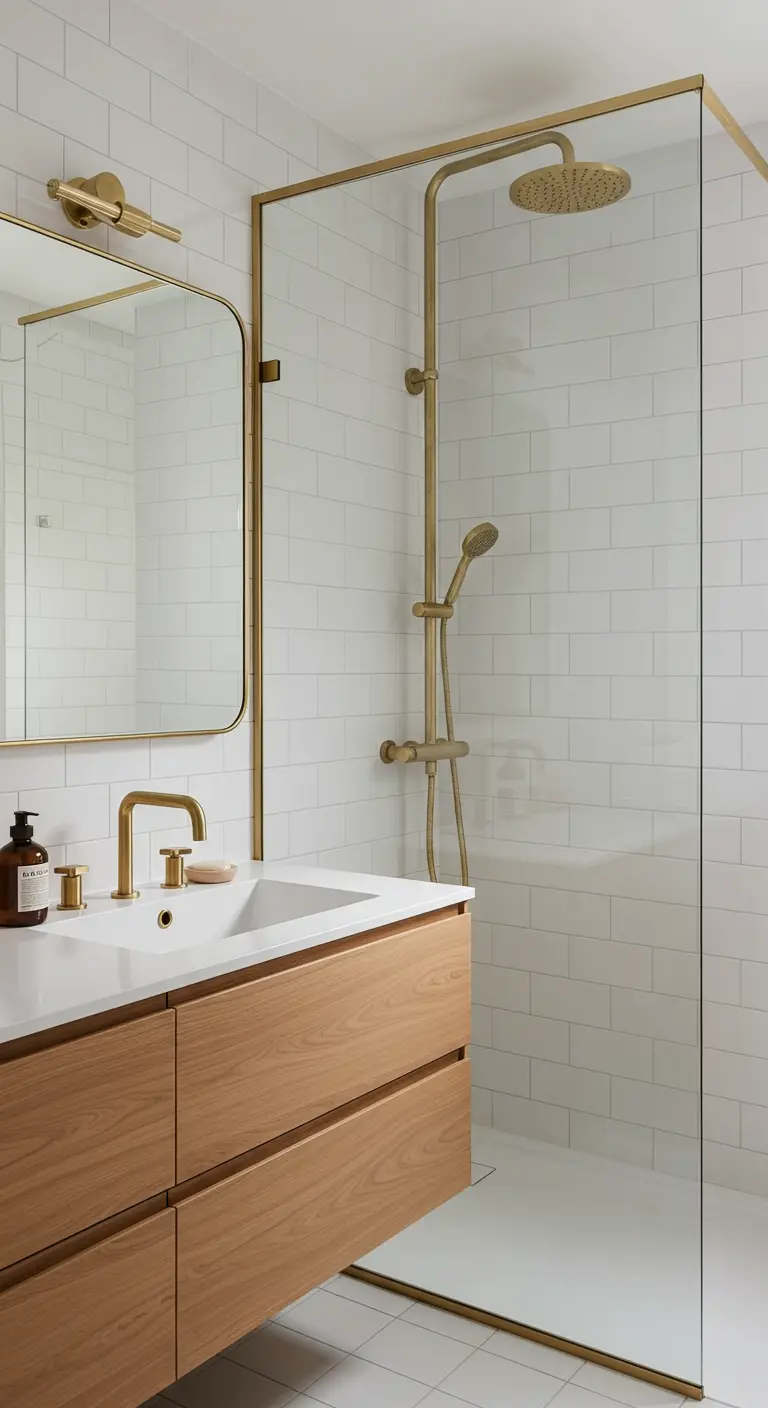 White tile bathroom with an oak vanity and brushed gold fixtures.