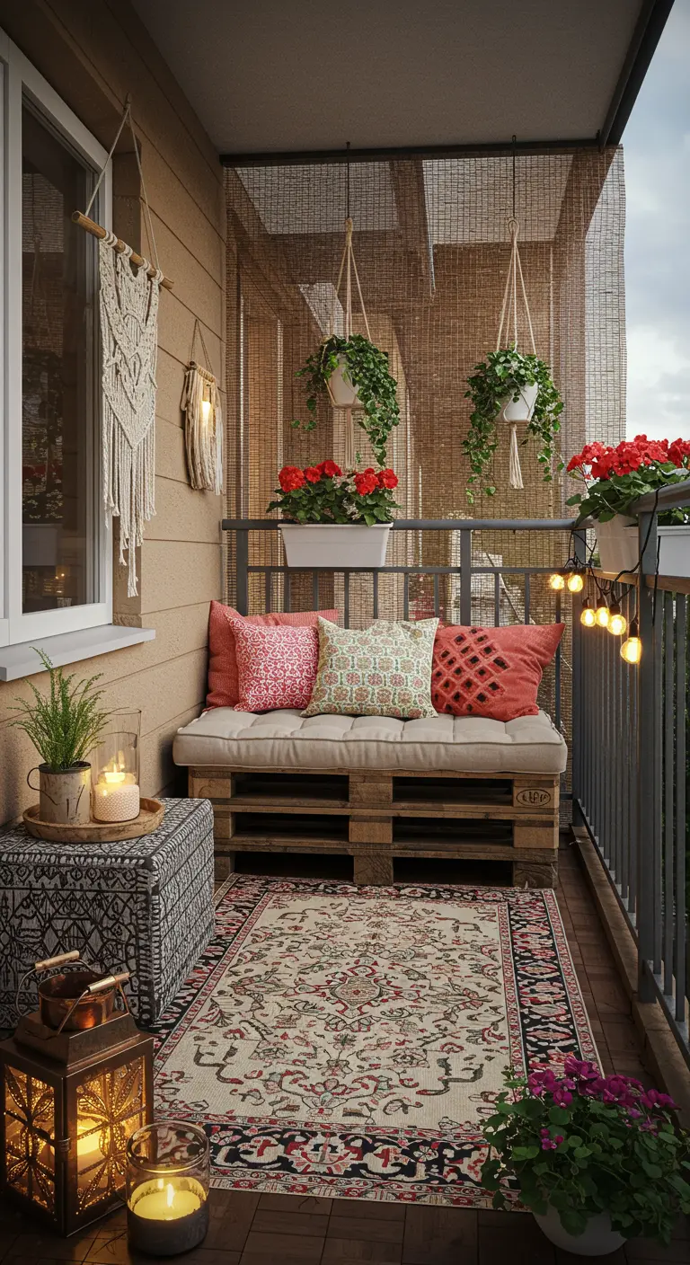 Cozy balcony with a pallet sofa, layered textiles, and hanging plants.