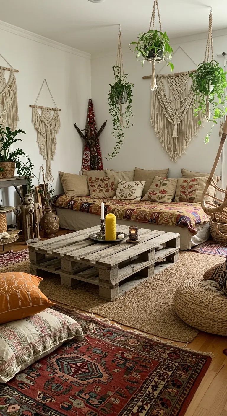 Bohemian living room with a DIY pallet coffee table, layered rugs, and hanging plants.