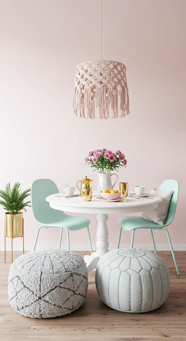 Pastel dining area with pink walls, mint chairs, and two different poufs: one shaggy, one leather.