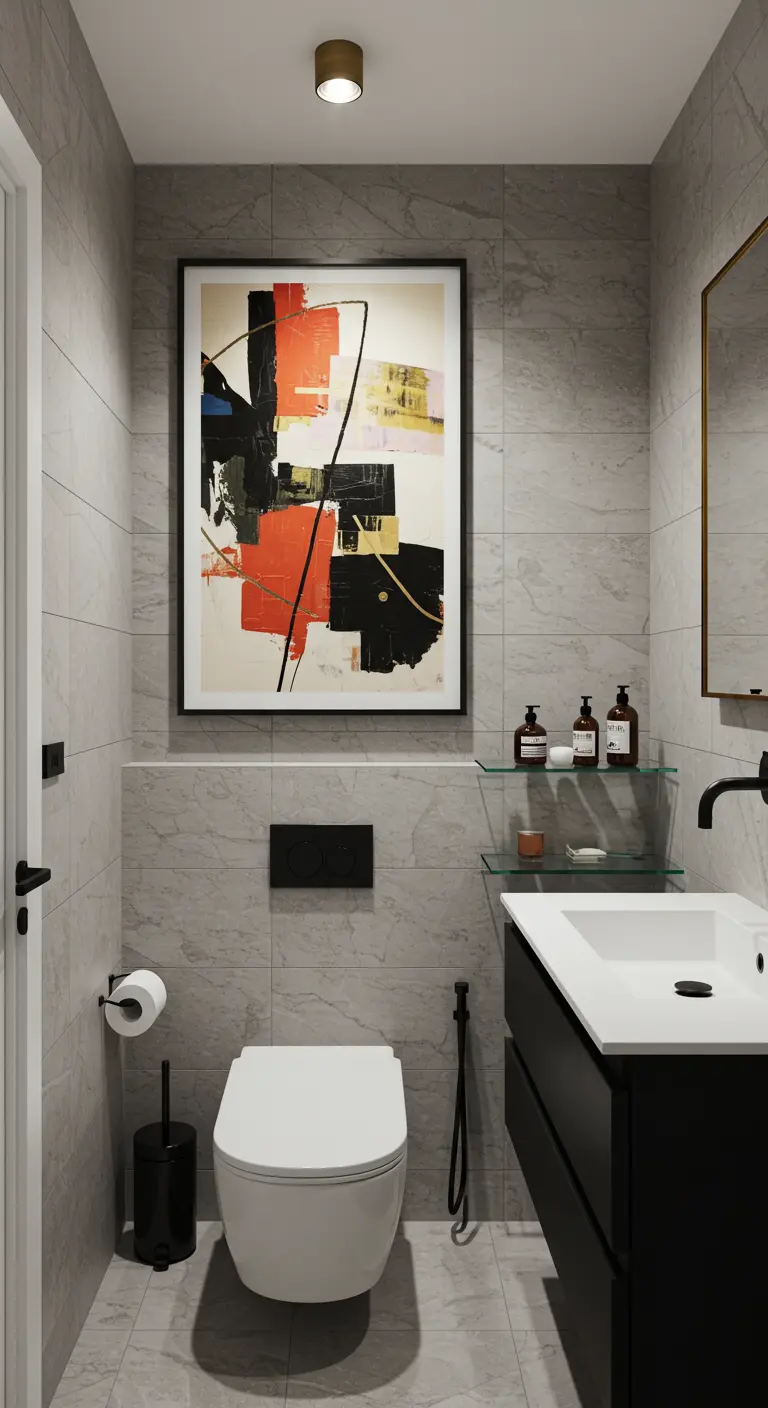 A minimalist powder room where a large abstract painting is the main feature.