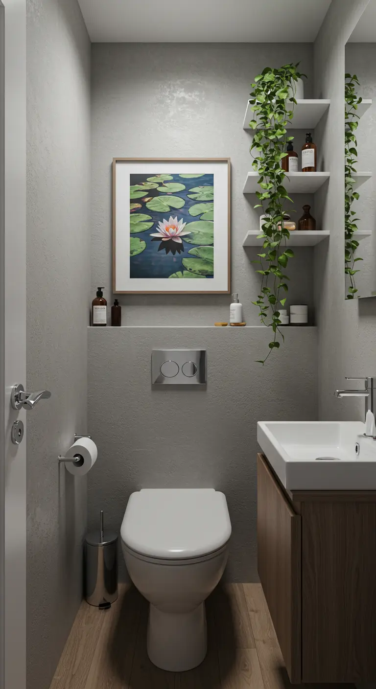 A small powder room with a large framed print of a water lily and trailing plants on shelves.