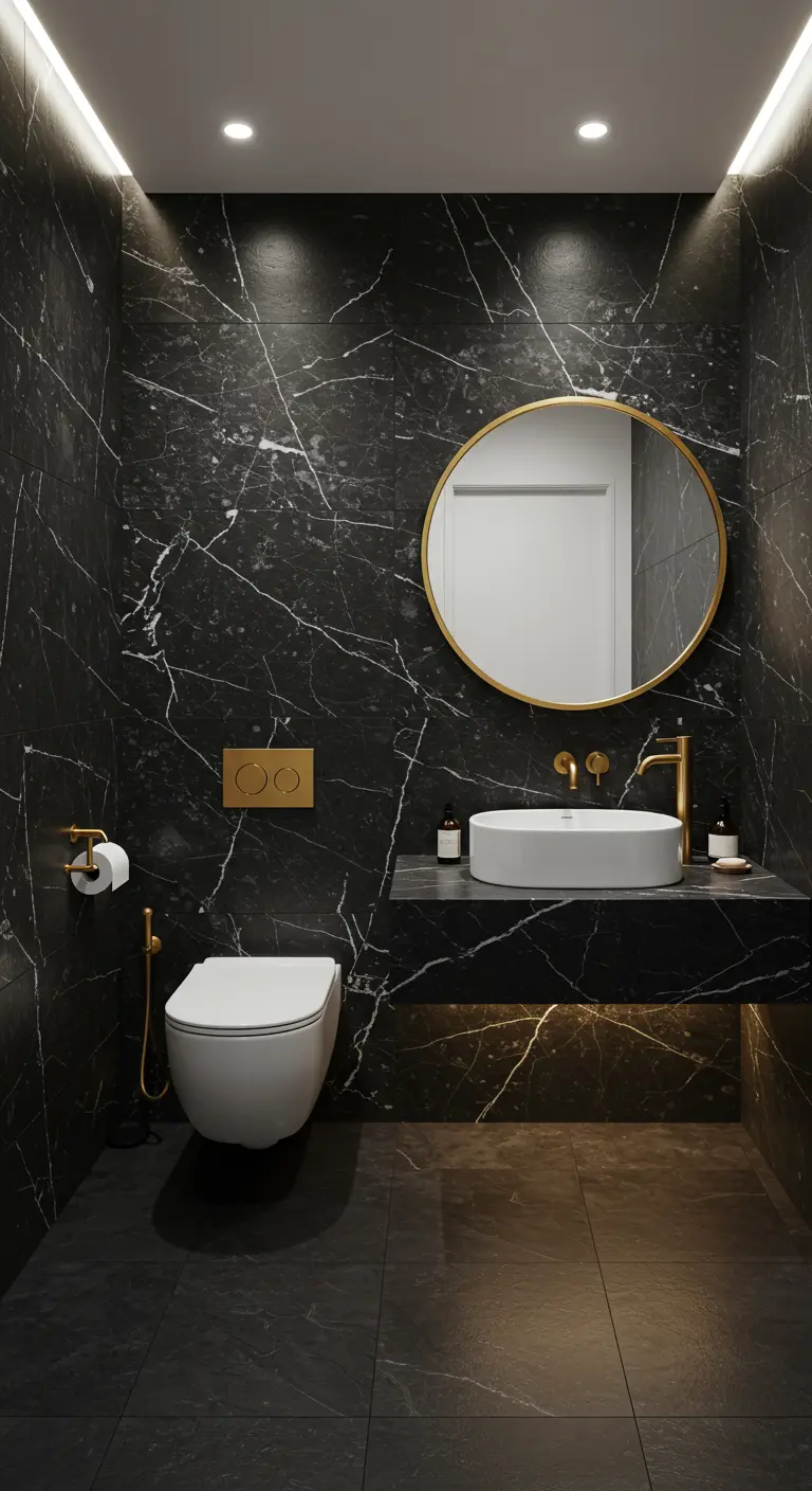 Powder room with black marble, a floating vanity, and a round gold mirror.