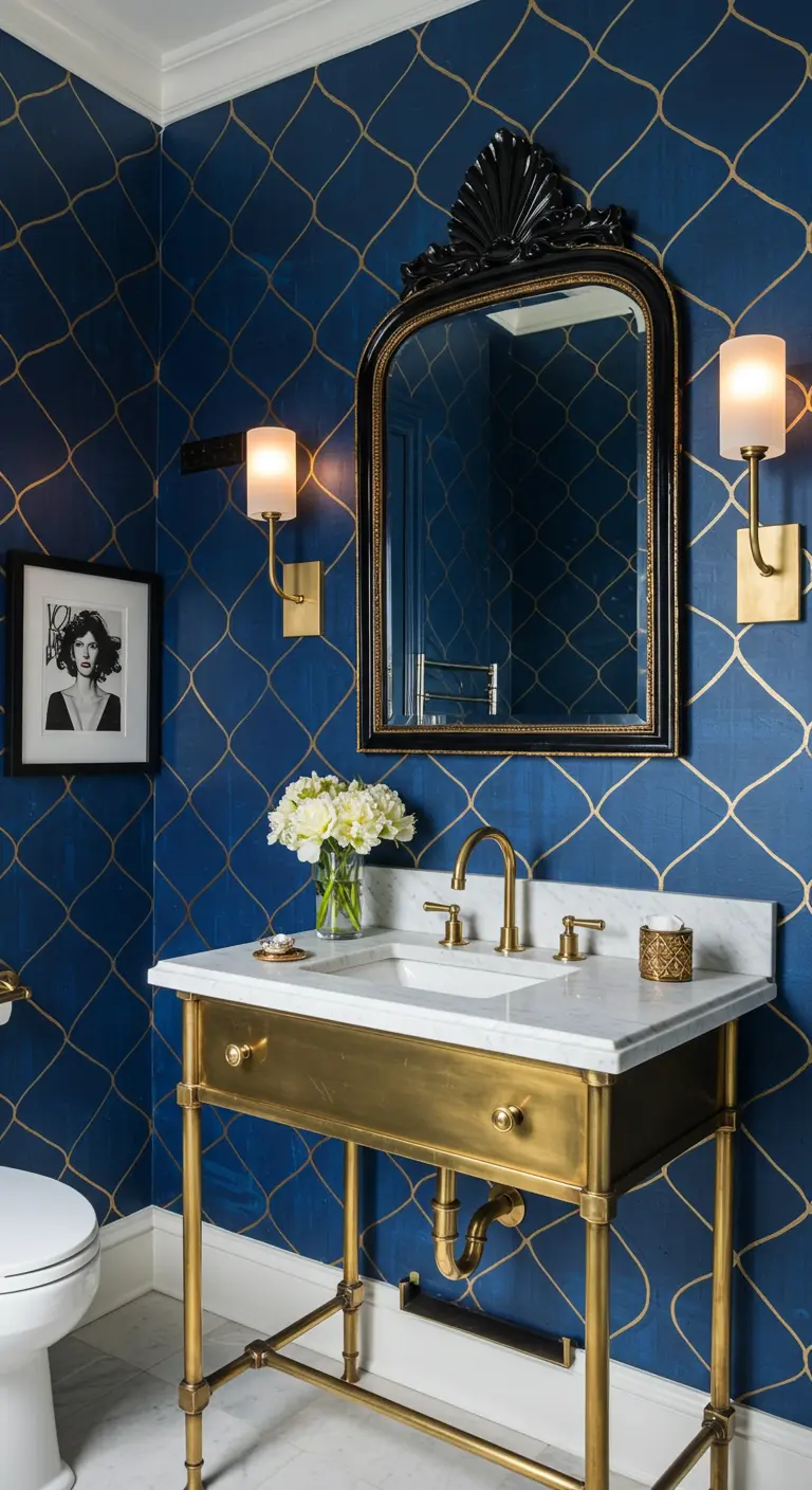 Bathroom with blue and gold trellis wallpaper, a brass vanity, and an ornate black mirror.