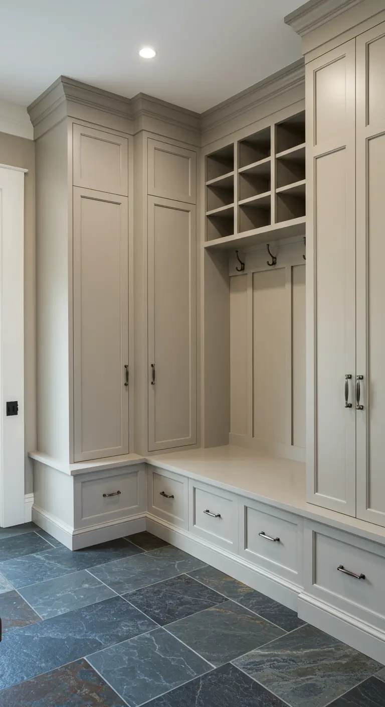 A well-organized greige mudroom with built-in cabinets and a slate floor.