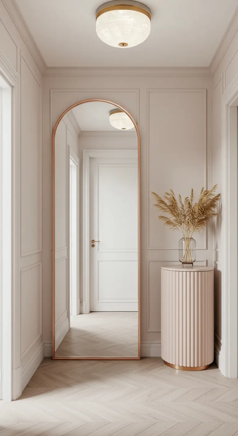 Hallway with a tall rose gold arched mirror and a fluted pink side table.