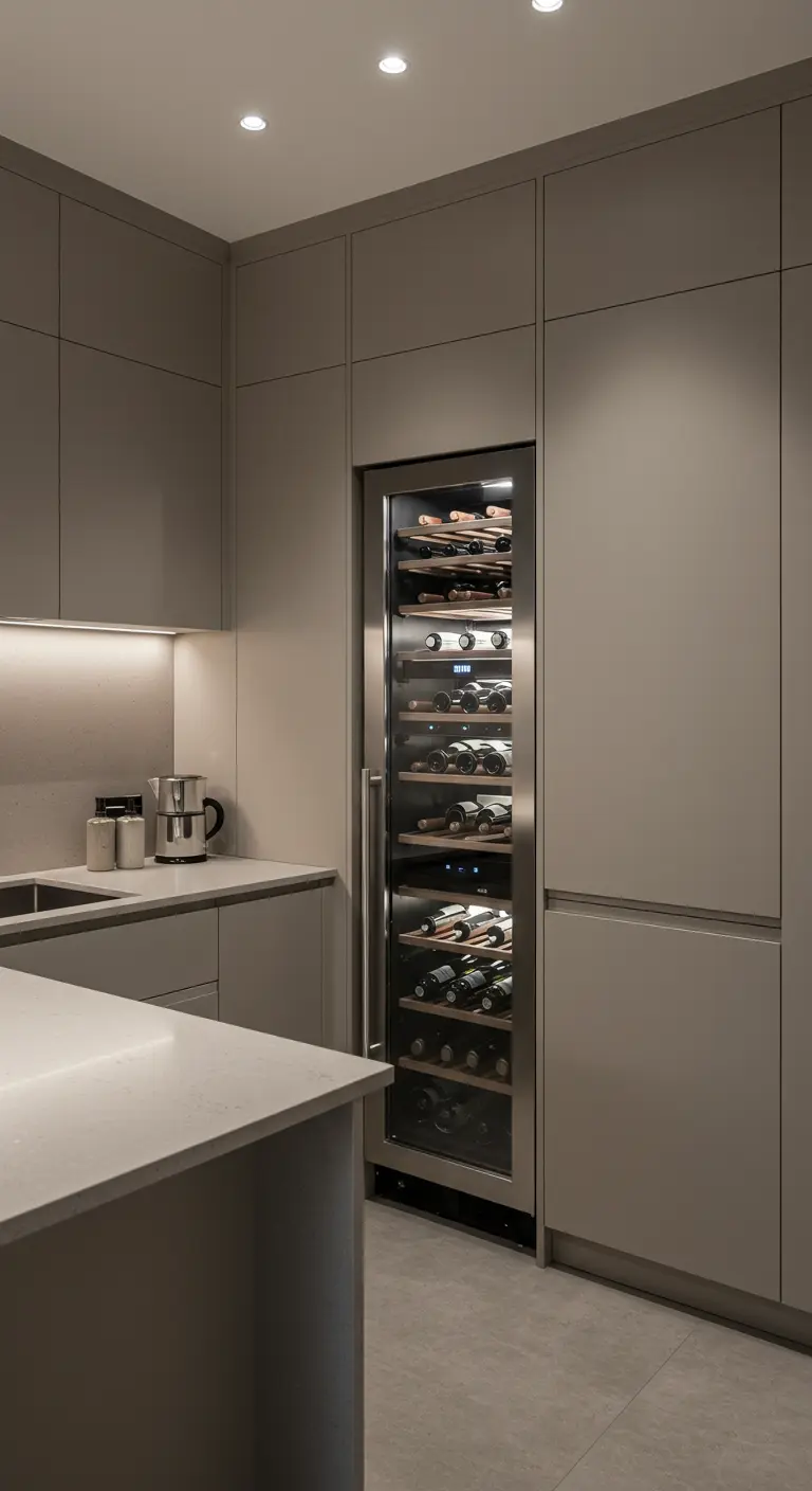 Warm grey kitchen with a tall, glass-fronted wine fridge fully integrated into the cabinetry.