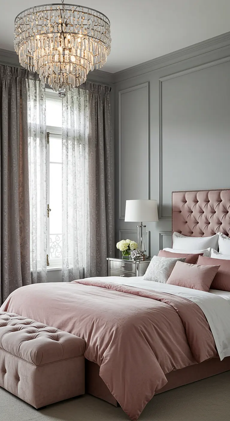Elegant bedroom with gray paneled walls and a dusty rose tufted bed and bench.