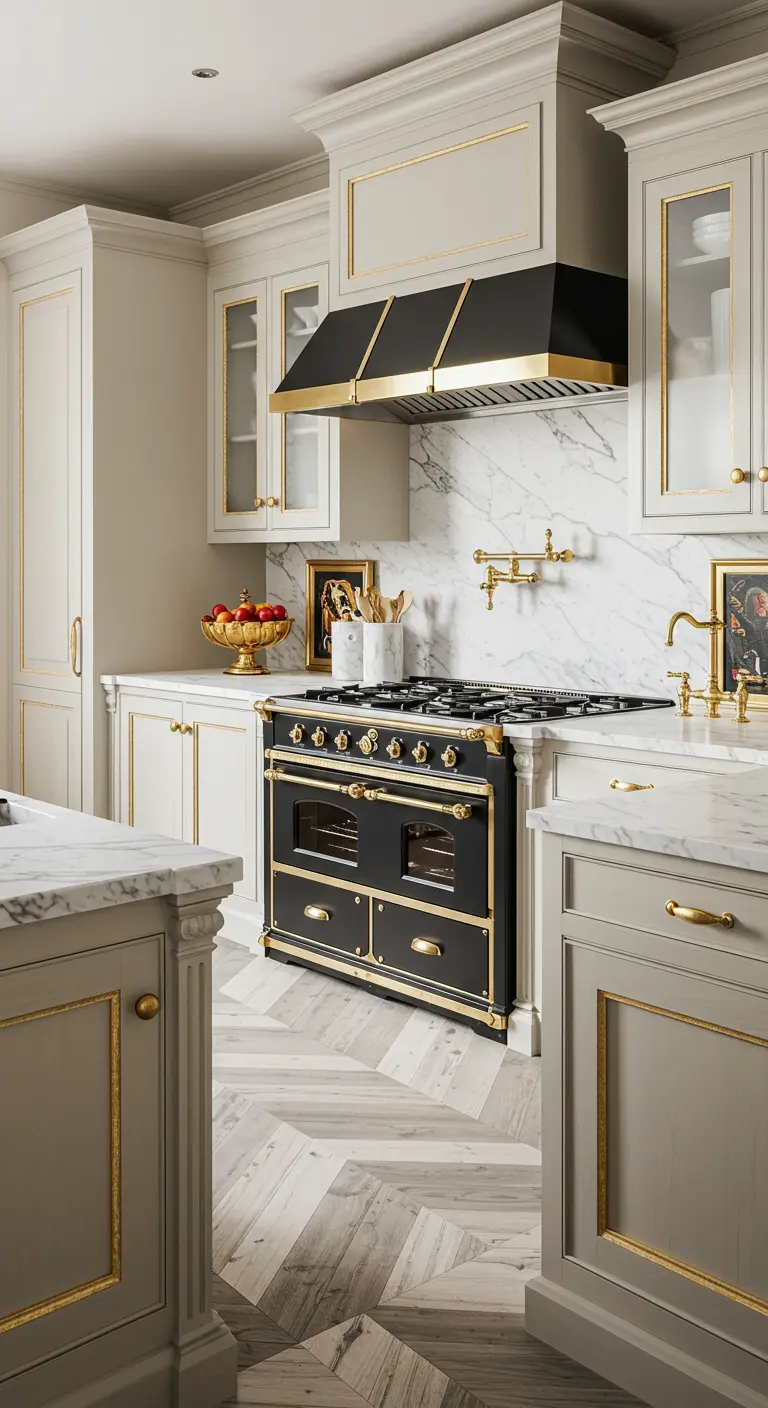 Elegant kitchen with grey cabinets featuring delicate gold trim and a marble backsplash.
