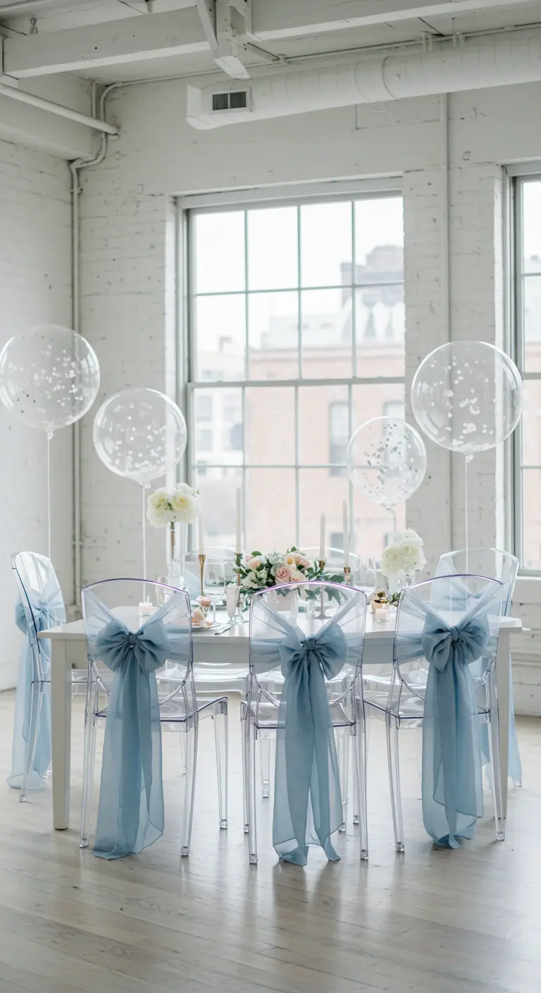 Ghost chairs adorned with dusty blue tulle bows for a wedding.