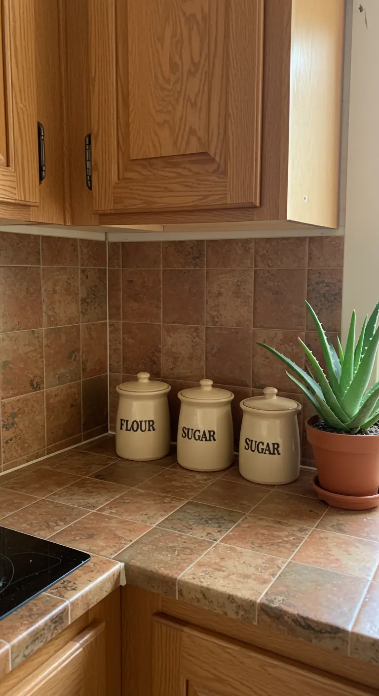 A kitchen counter with brown tile, classic ceramic canisters, and a small aloe plant.