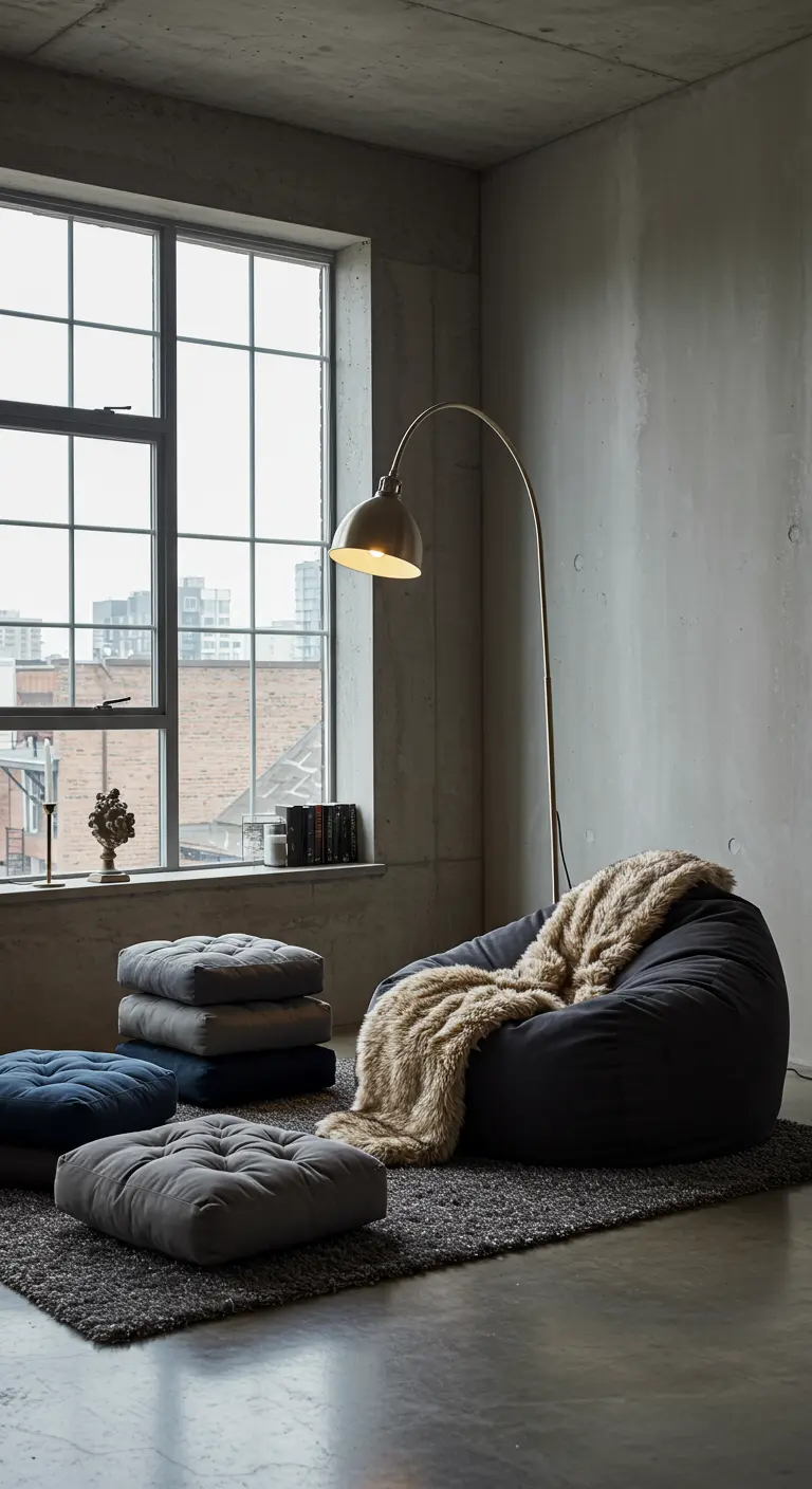 Industrial loft with a dark gray bean bag, a light faux fur throw, and stacked floor cushions.