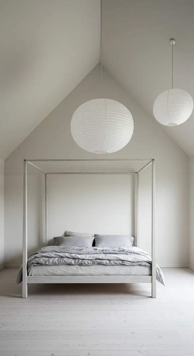 Minimalist attic bedroom with a gray canopy bed and two large paper lanterns.