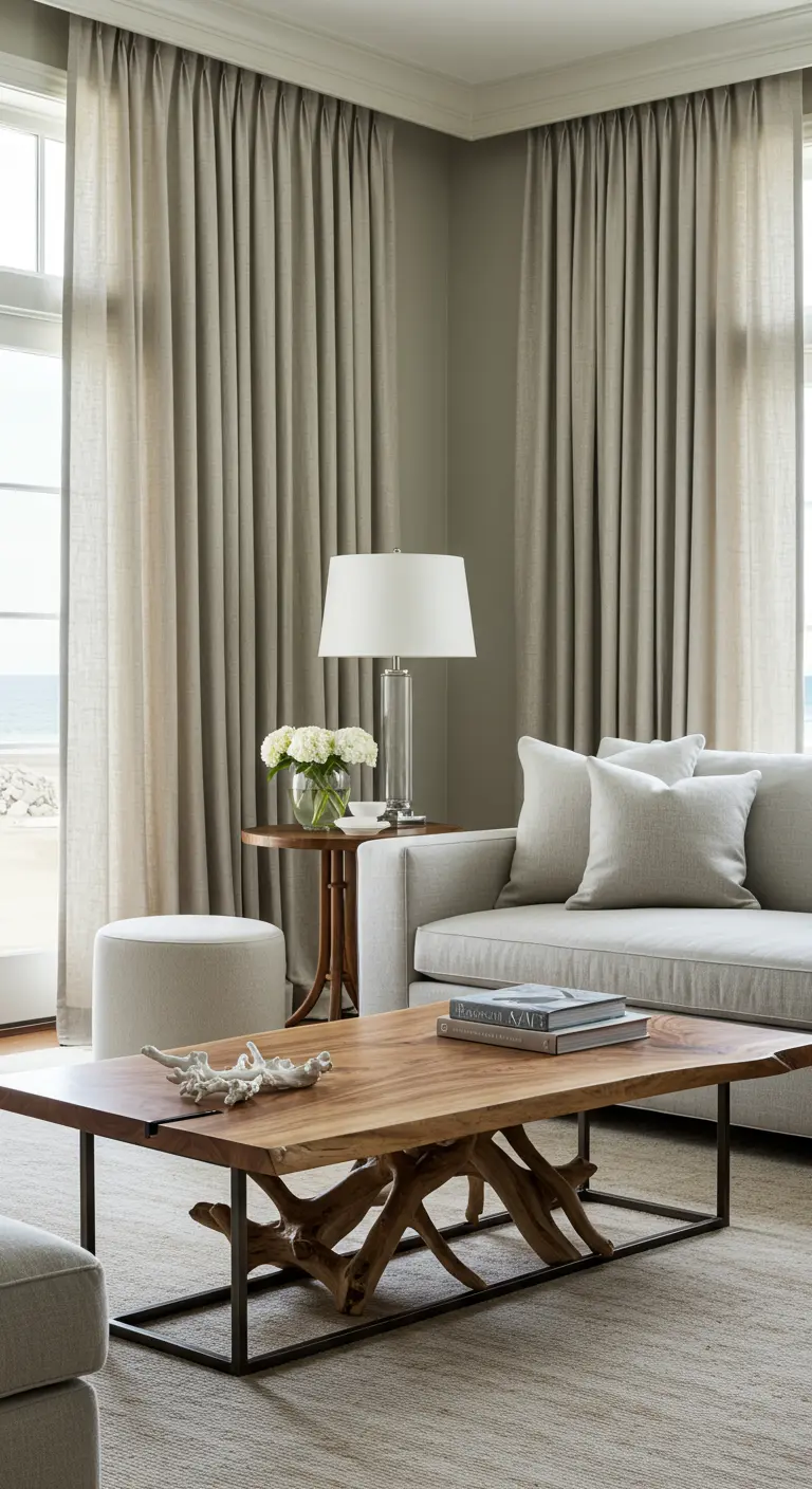 Neutral living room with heavy linen drapes and a driftwood table with a metal base.