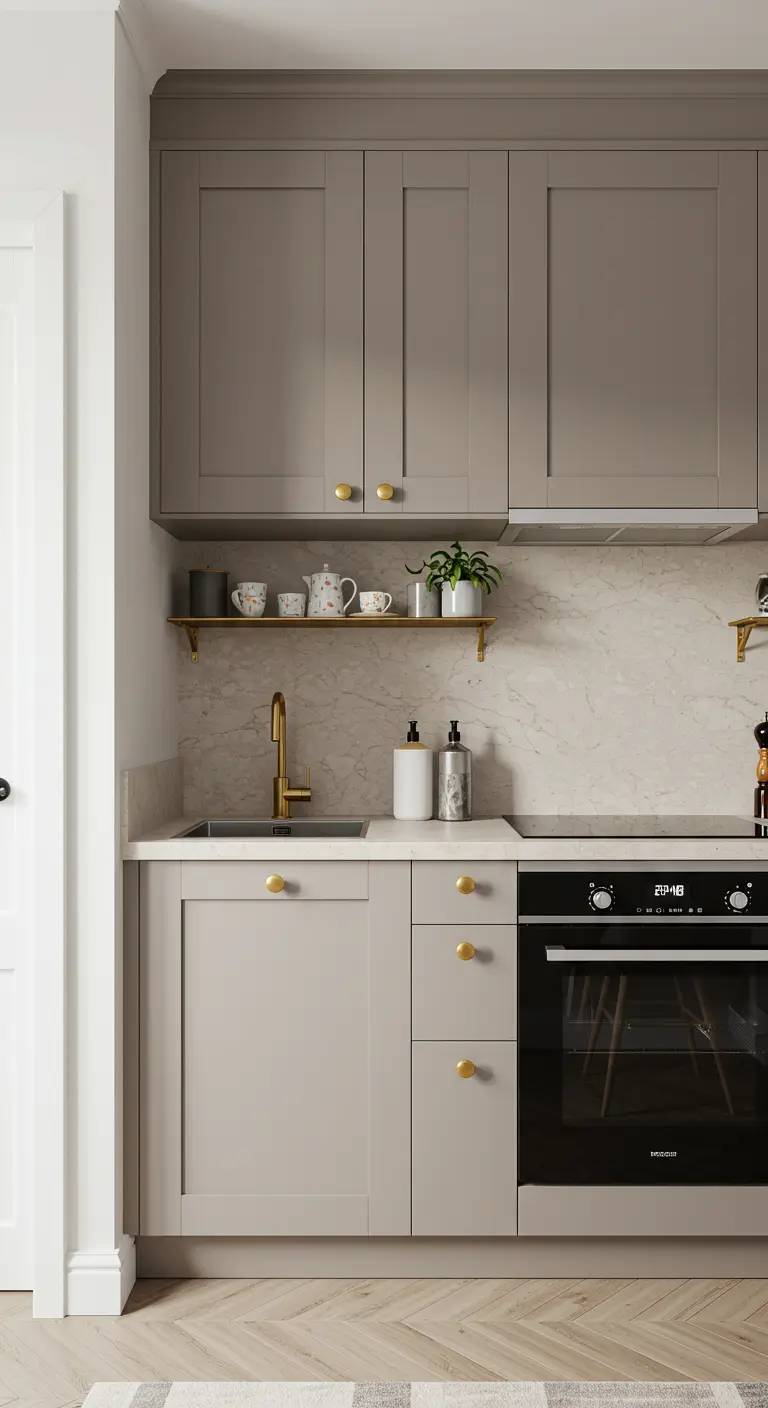 A sophisticated kitchen with greige shaker cabinets, a marble countertop, and polished brass hardware.