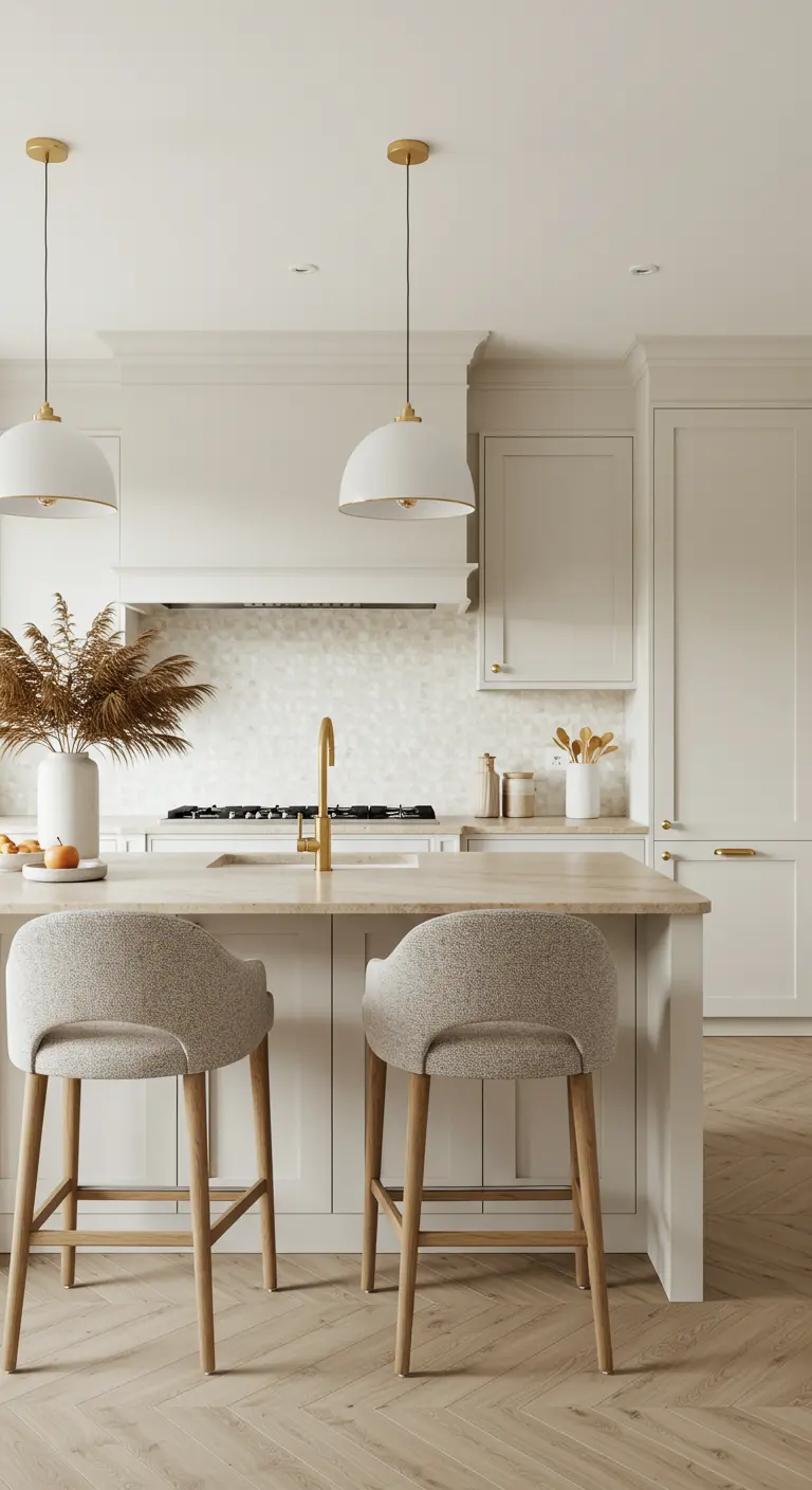 A cream-colored kitchen island with textured bar stools and a geometric tile backsplash.
