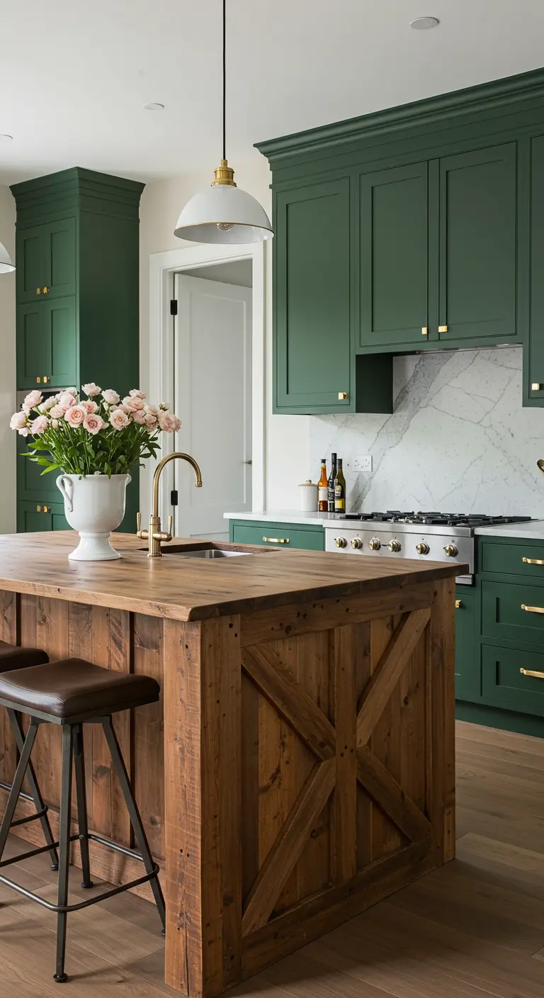 Kitchen with dark green cabinets, a reclaimed wood island, and a marble backsplash.
