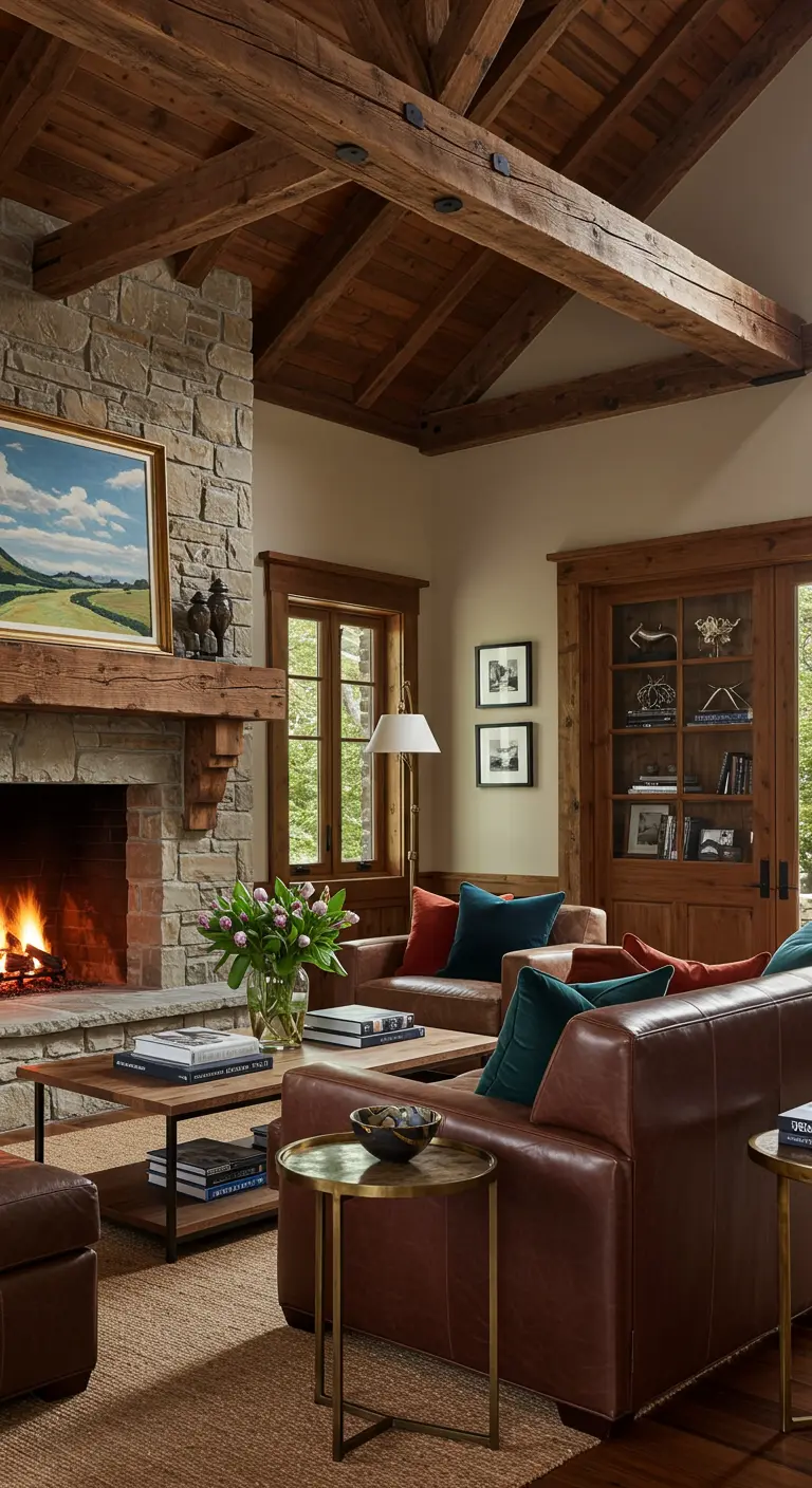 Stone fireplace and leather sofa styled with deep teal and rust colored velvet pillows.