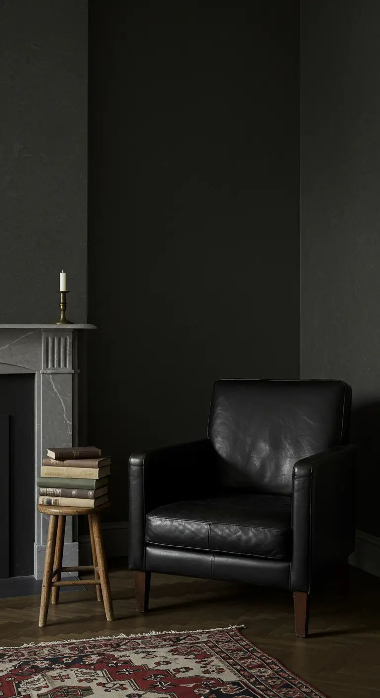 A modern black leather chair in a dark grey room with a stool holding books and a candle.