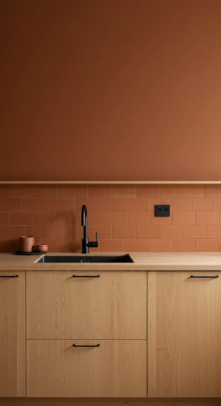 Minimalist kitchen with wood cabinets, terra cotta subway tile, and black fixtures.
