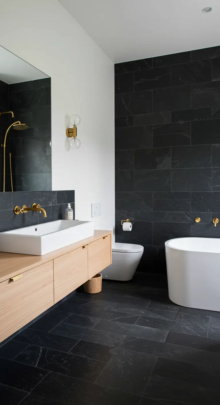 Black slate accent wall in a bathroom with a light wood vanity and gold fixtures.