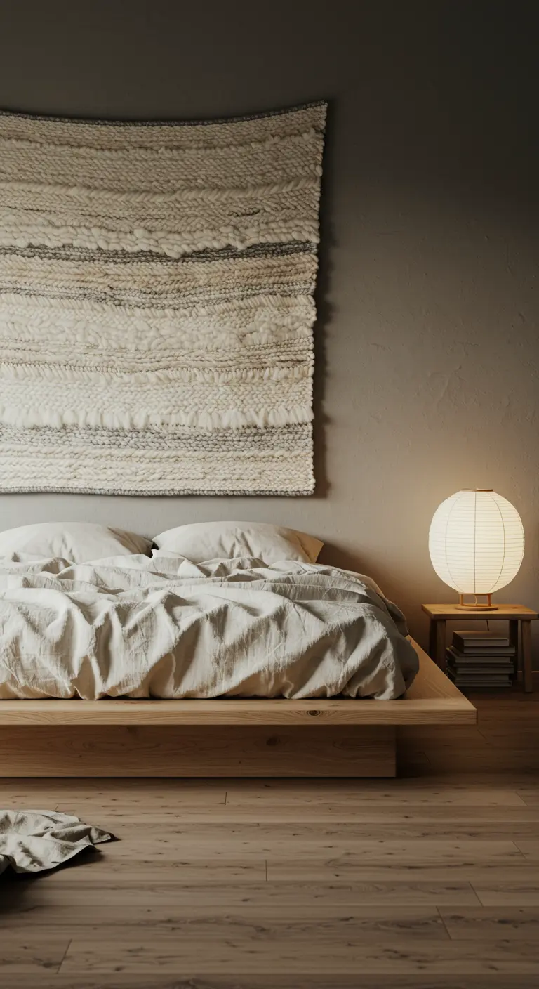 A large woven textile hangs above a low platform bed with linen bedding in a moody room.