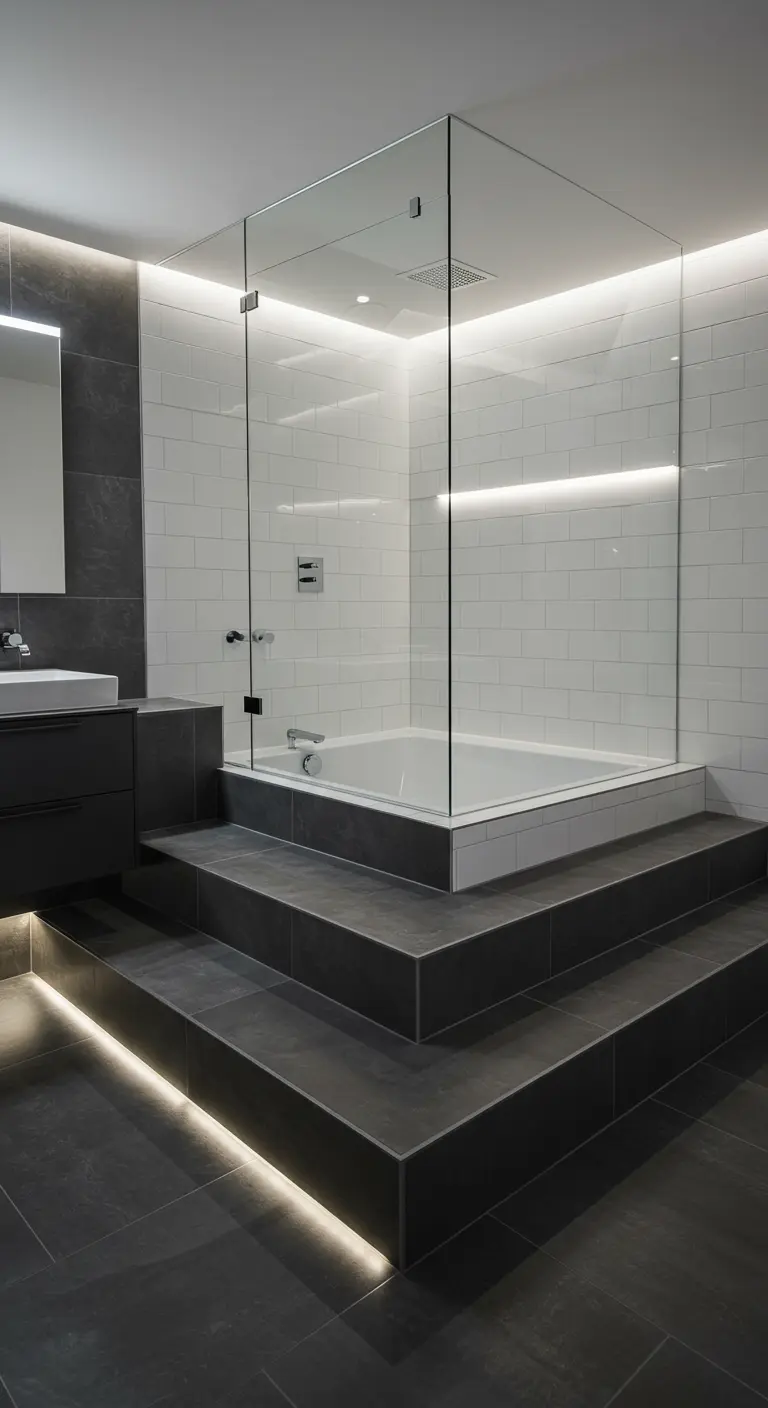 A shower-tub combination sits atop a platform with several steps lit by LED strips.