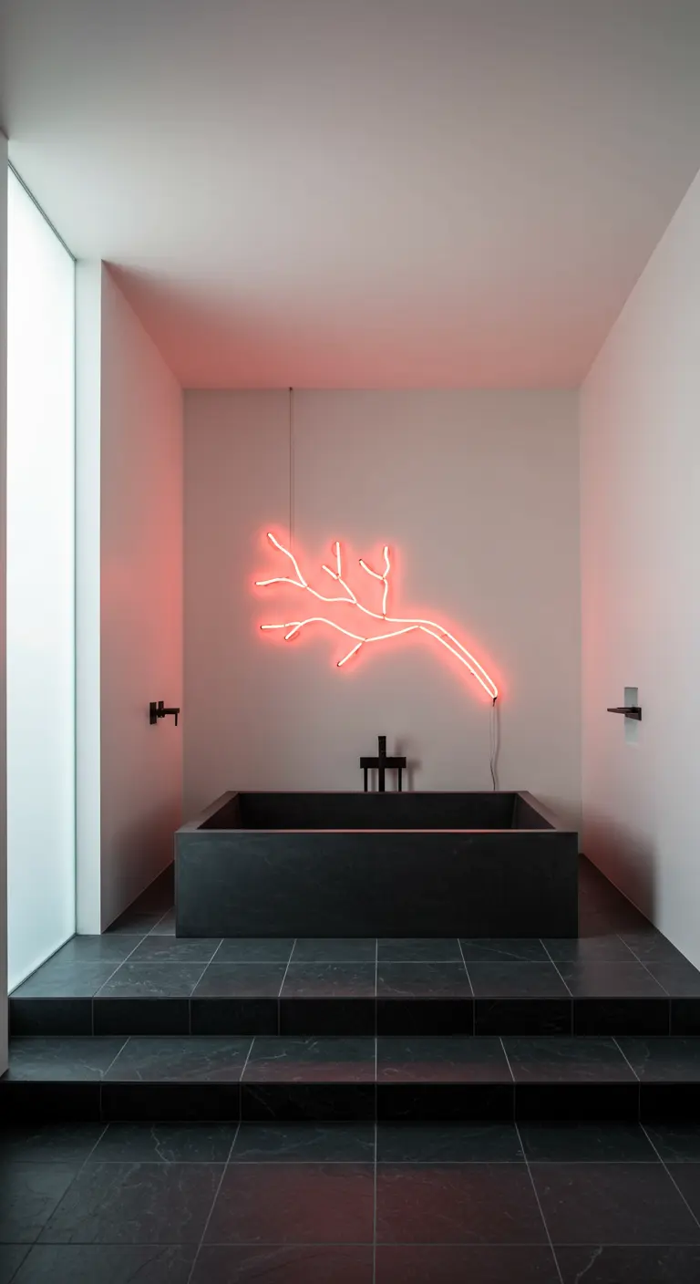 A black bathtub on a raised platform sits beneath a red, branch-shaped neon sign.