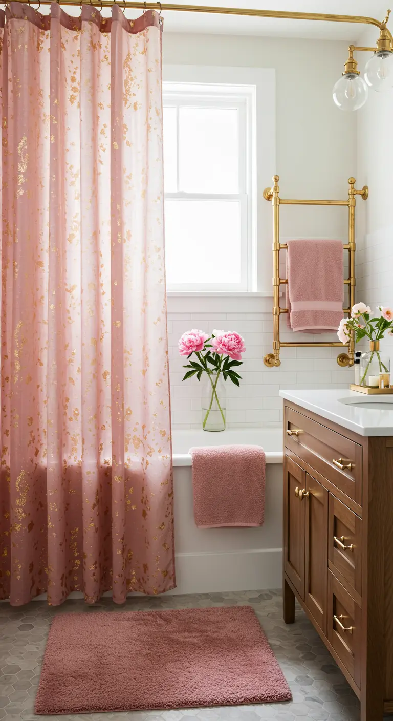 Pink shower curtain with gold flecks in a bathroom with gold fixtures.