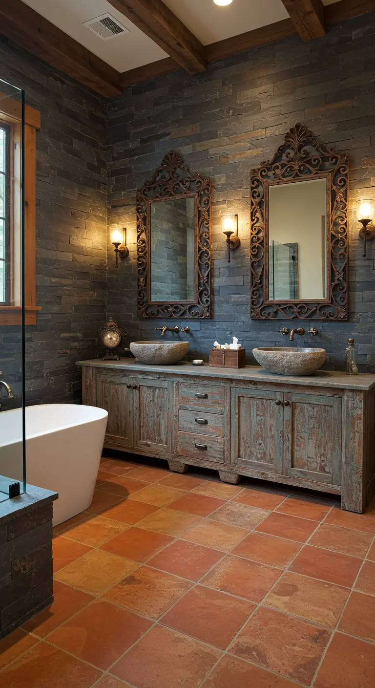 Tuscan bathroom with slate wall, ornate mirrors, and a rustic wood vanity.