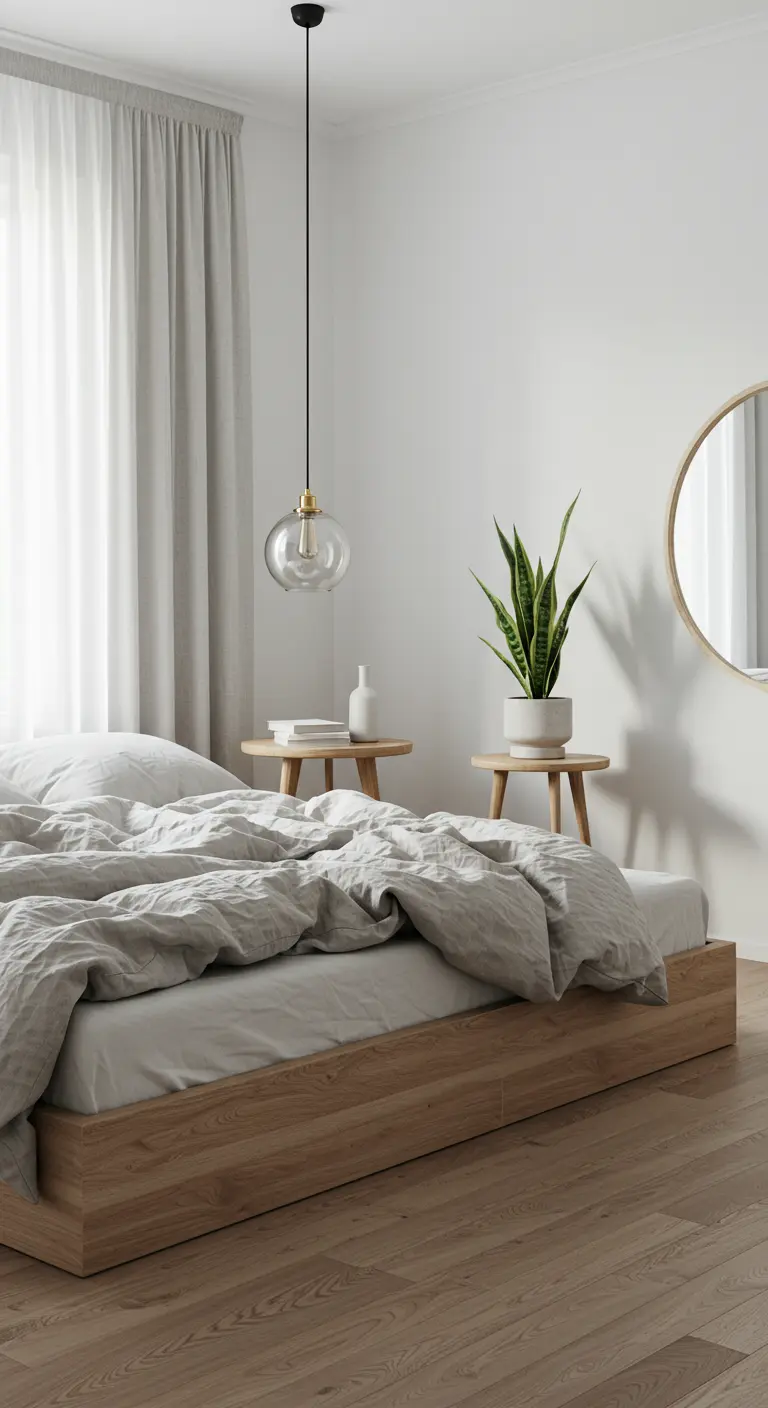 Minimalist bedroom with a light wood platform bed, a single glass pendant light, and grey linen bedding.