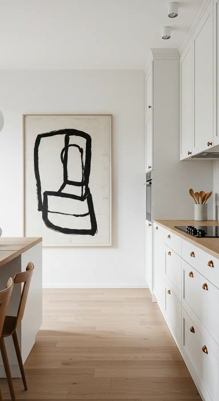Minimalist white kitchen featuring a large, framed black and white abstract painting on the wall.