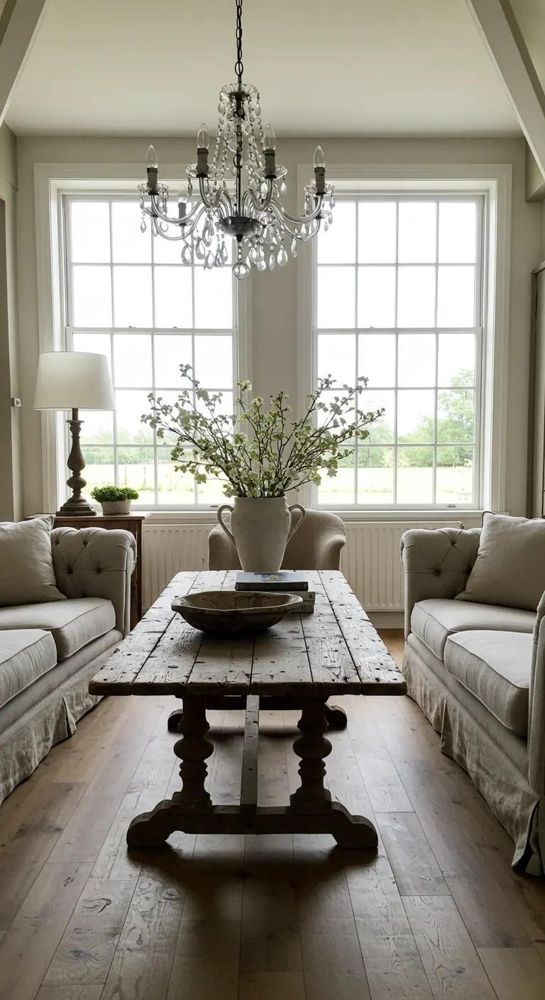 Symmetrical living room with a distressed trestle table centered under a crystal chandelier.