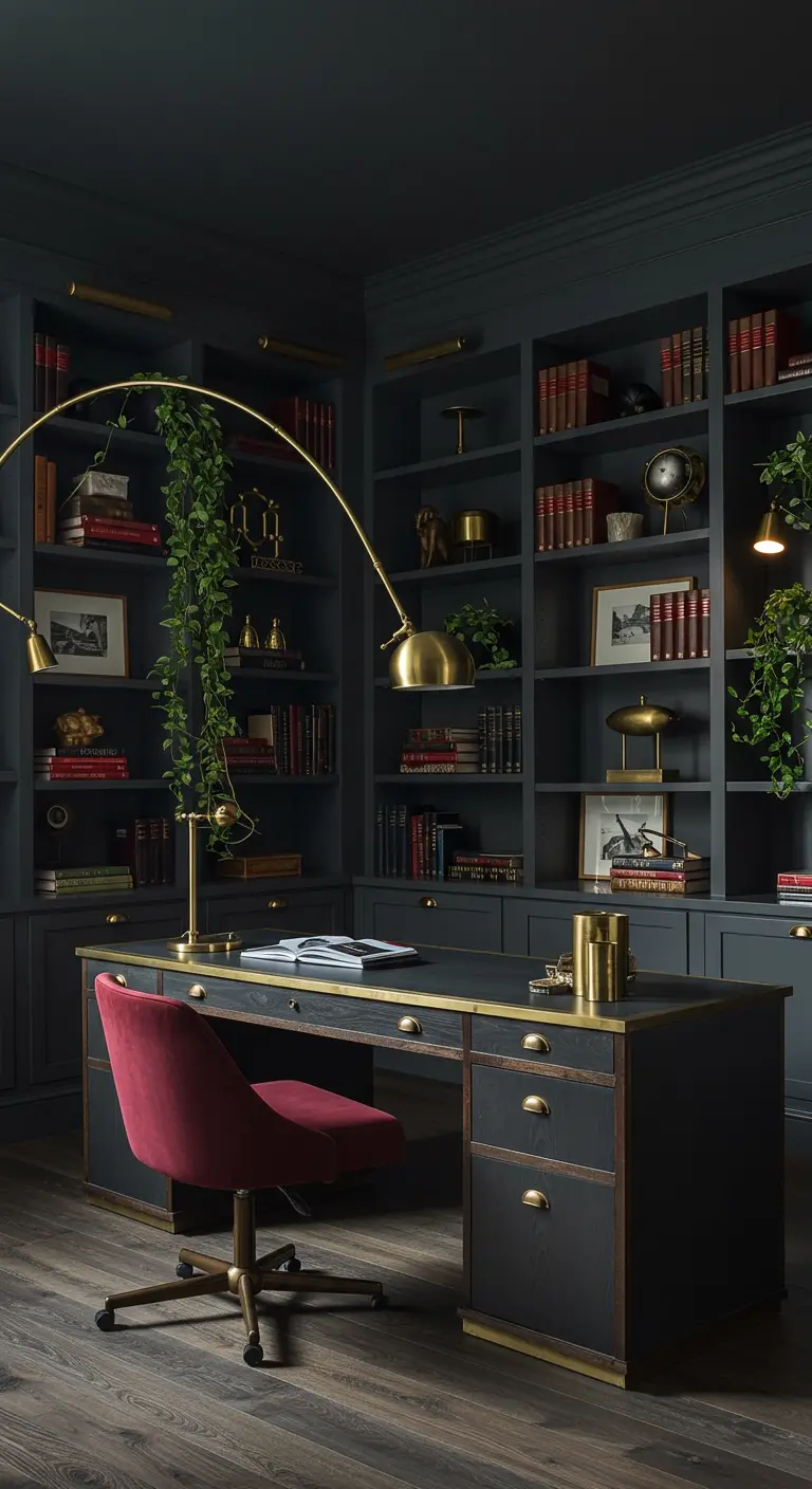 Home office with floor-to-ceiling charcoal bookshelves, a brass arc lamp, and a raspberry velvet chair.