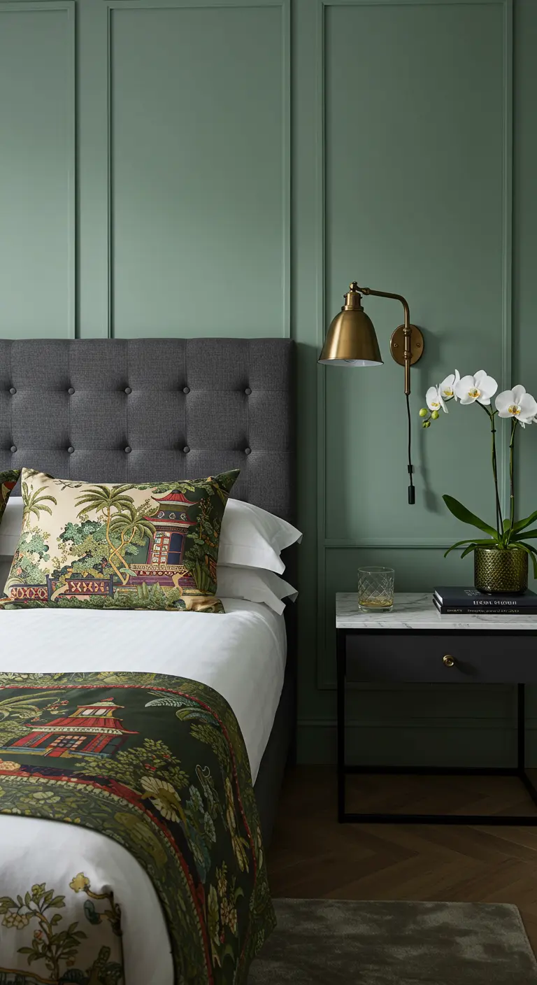 Elegant bedroom with sage green wall paneling and a bed with Chinoiserie-style tropical print pillows.