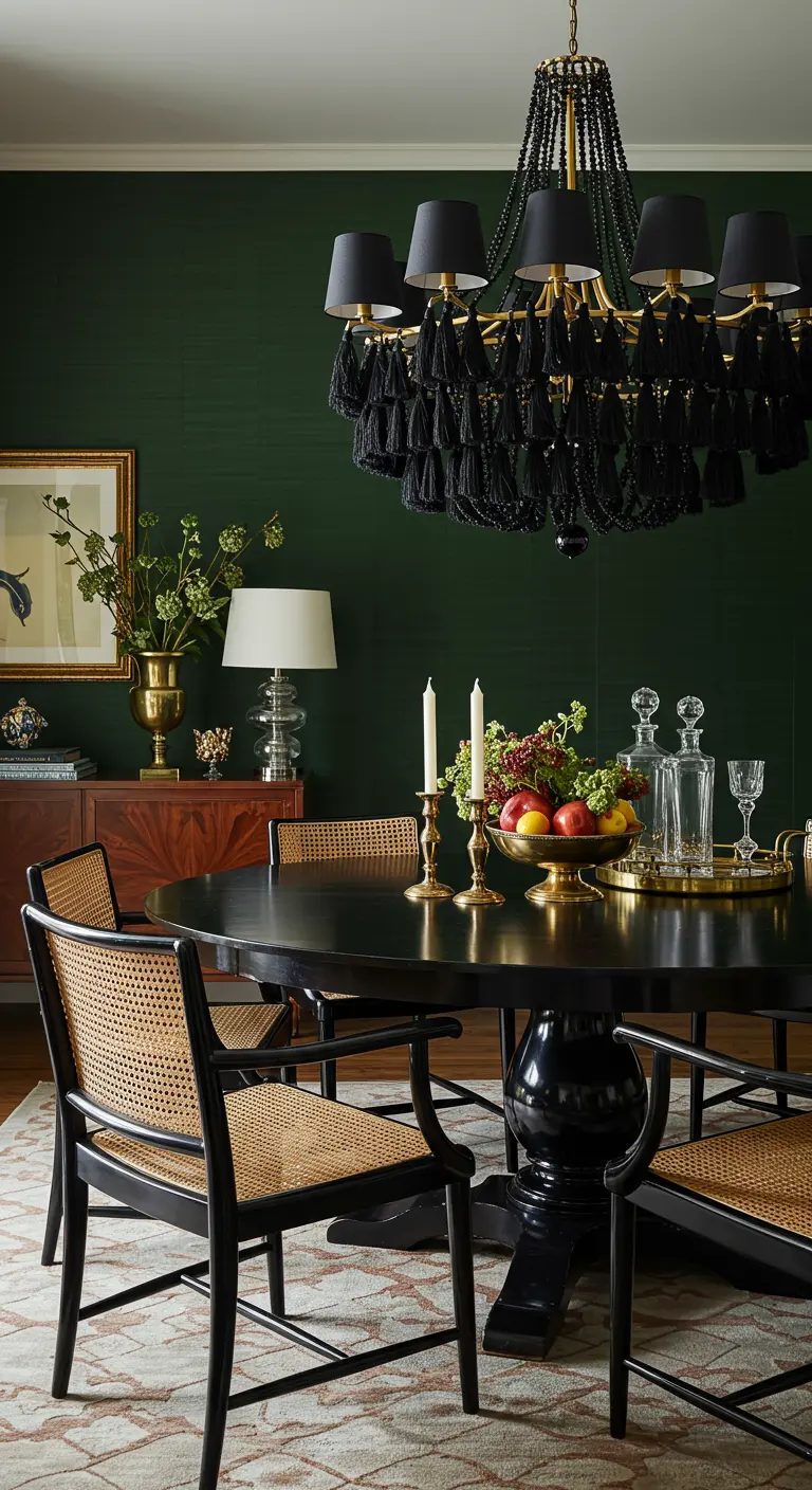 Elegant dark green dining room with a large black tassel chandelier and black furniture.